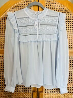 Self-Portrait Light Blue Lace Yoke Tie-Neck Blouse